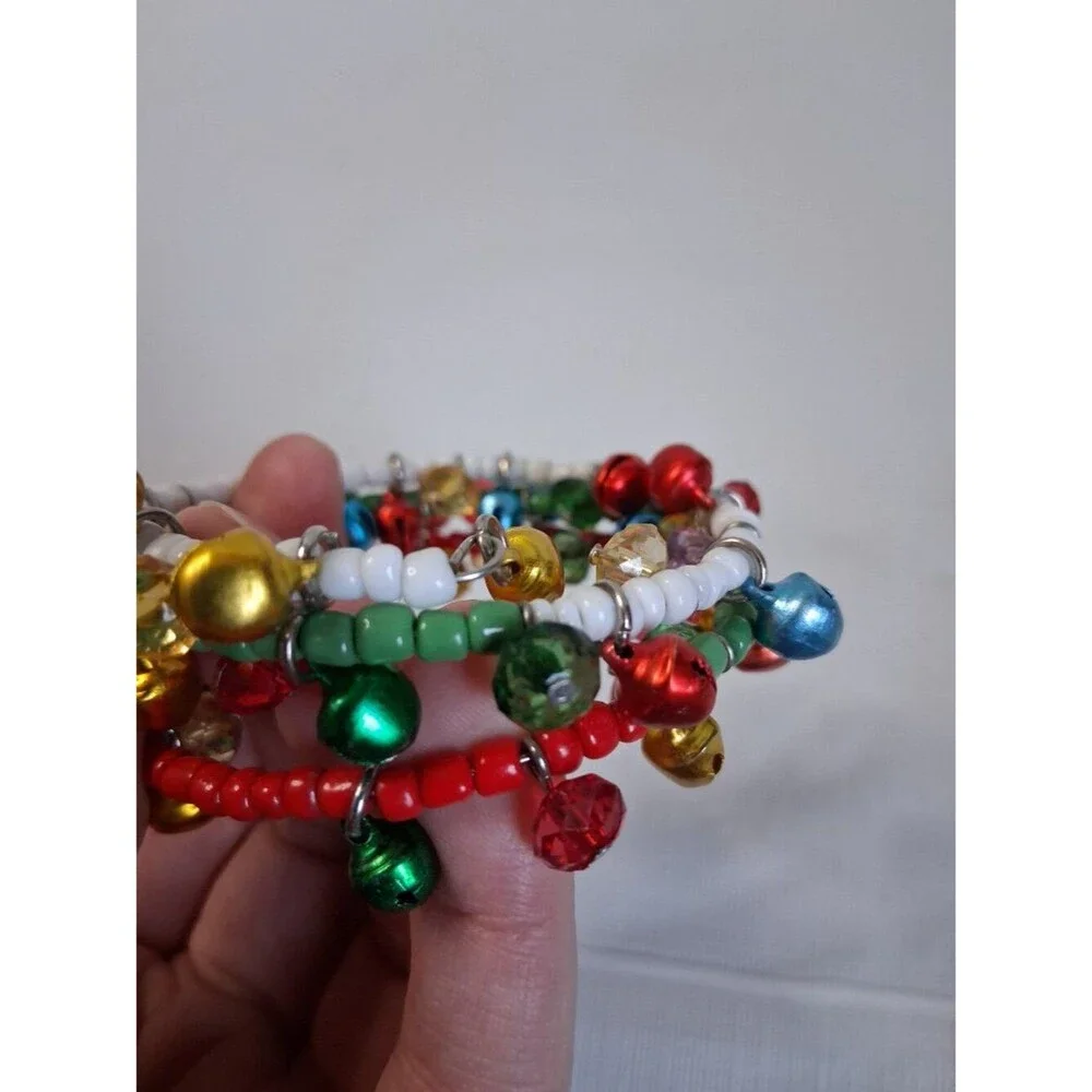 Christmas Jingle Bells and Multicolored Beads Memory Wire Statement Bracelet